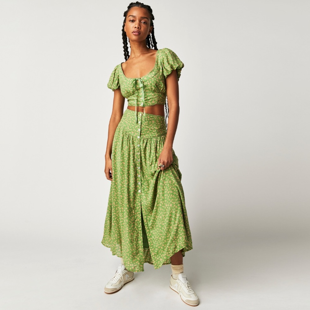 Free People Easy to Love Set Skirt Crop Top Skirt Set Green Floral NWT - Picture 1 of 17